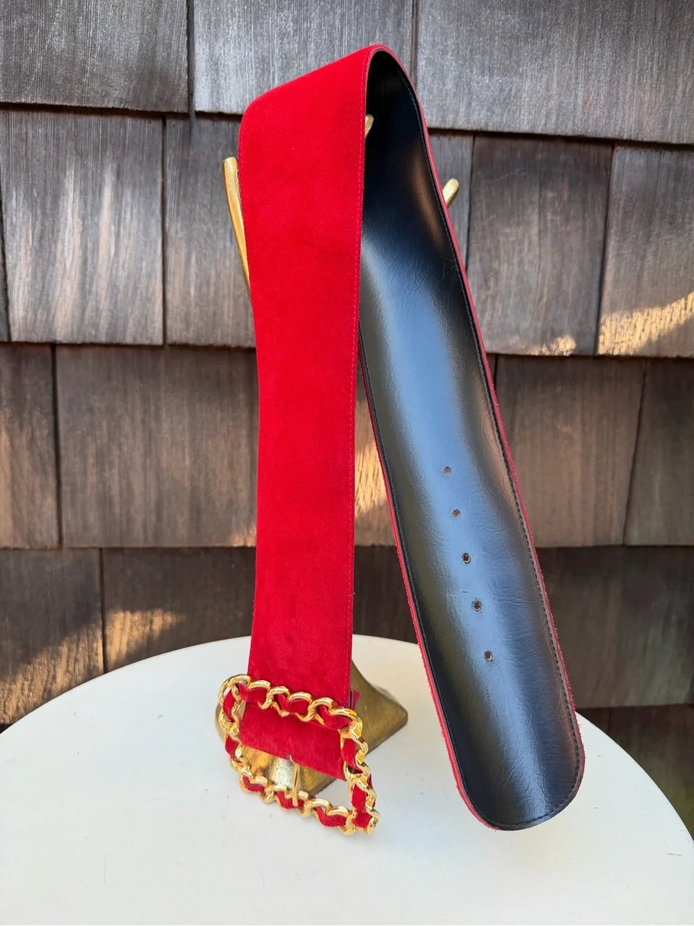 Vintage red suede belt gold braid buckle Sz M The Limited fit 27/31”